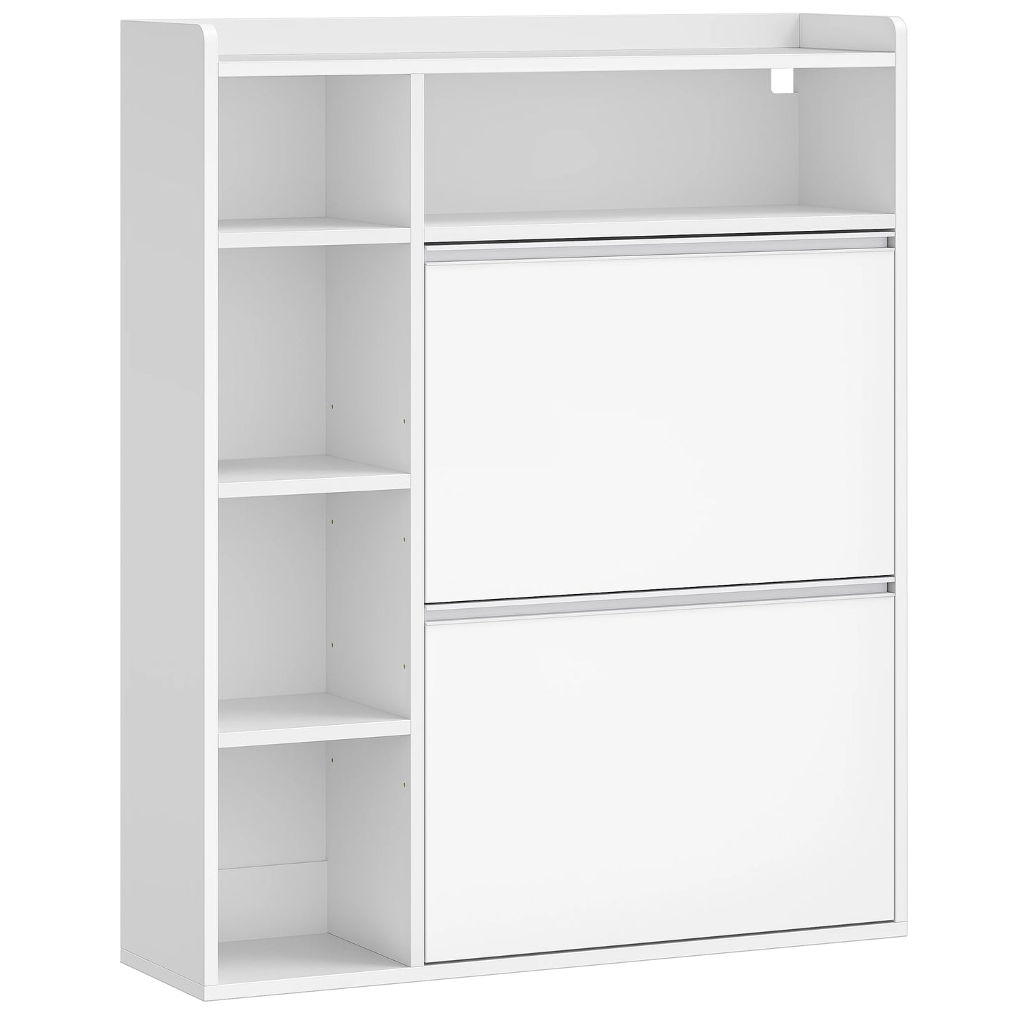 1 White Narrow Shoe Cabinet with 2 Flaps,with 5 Open Compartments,Shoe Rack for 8-12 Pairs of Shoes,for Hallway, Entrance