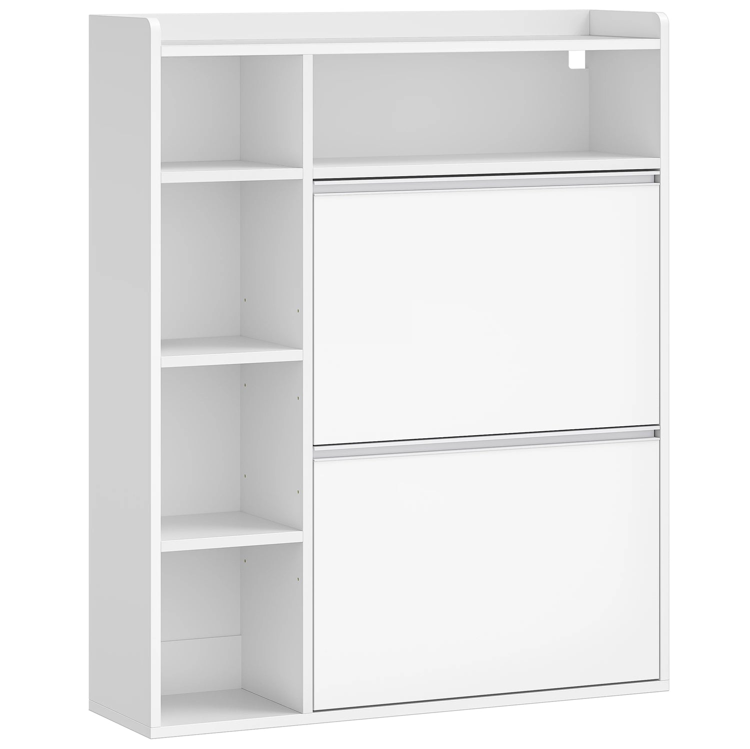 1 White Narrow Shoe Cabinet with 2 Flaps,with 5 Open Compartments,Shoe Rack for 8-12 Pairs of Shoes,for Hallway, Entrance