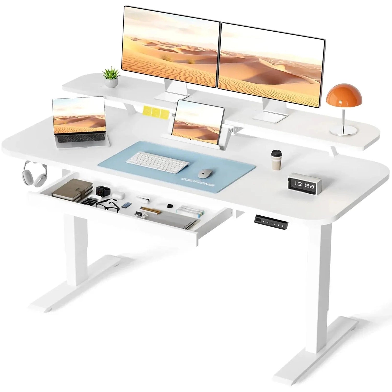 COMHOMA Height Adjustable desk Electric Drawer Monitor stand 3 Height Tablet stand White Jonine&