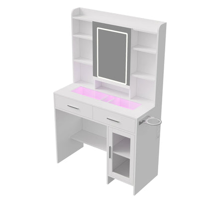 Urban Luxe dressing table, dressing table with light, dressing table with mirror, equipped with socket and hair dryer holder, White