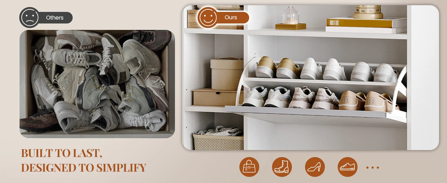 1 White Narrow Shoe Cabinet with 2 Flaps,with 5 Open Compartments,Shoe Rack for 8-12 Pairs of Shoes,for Hallway, Entrance