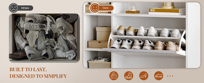 1 White Narrow Shoe Cabinet with 2 Flaps,with 5 Open Compartments,Shoe Rack for 8-12 Pairs of Shoes,for Hallway, Entrance