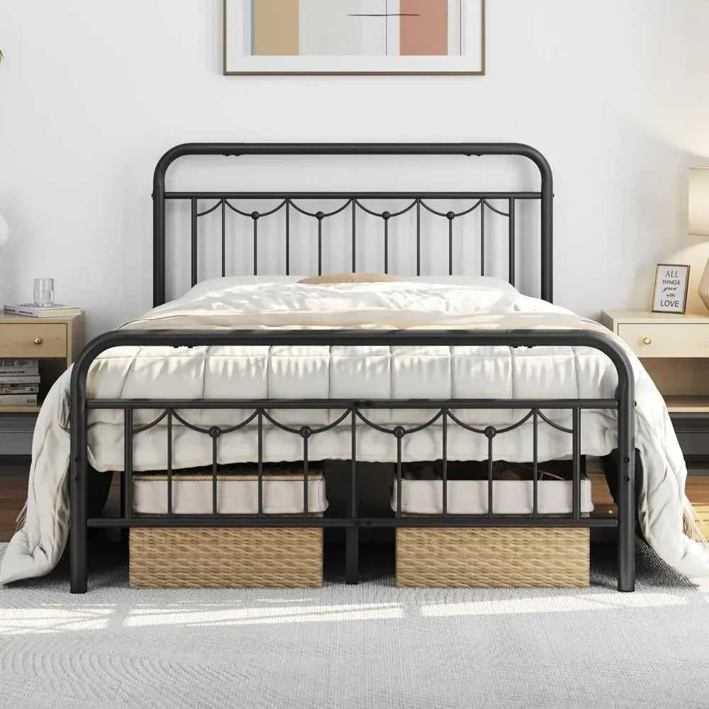 Metal Bed Frames with Vintage Headboard and Footboard, Farmhouse Metal Platform Bed, Heavy Duty Steel Slat Support, Ample Under- Jonine&