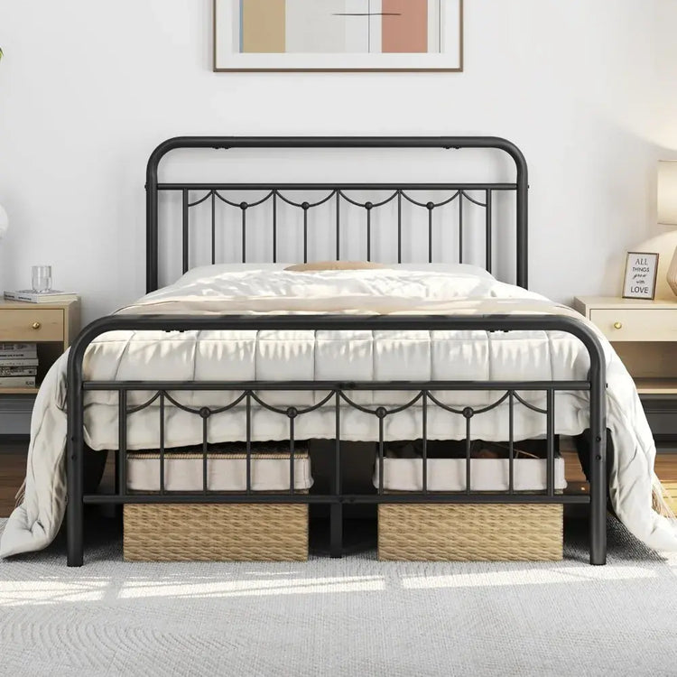 Metal Bed Frames with Vintage Headboard and Footboard, Farmhouse Metal Platform Bed, Heavy Duty Steel Slat Support, Ample Under- Jonine&