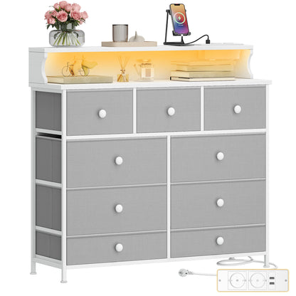White Chest of Drawers 100 cm,2 USB & 2 AC Ports,Chest of Drawers with 9 Drawers,Versatile Storage Furniture for Living,Bedroom