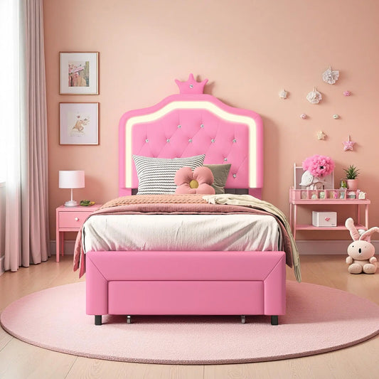 Girls' LED Upholstered Storage Bed — Youth Bed with Drawer & PU Headboard