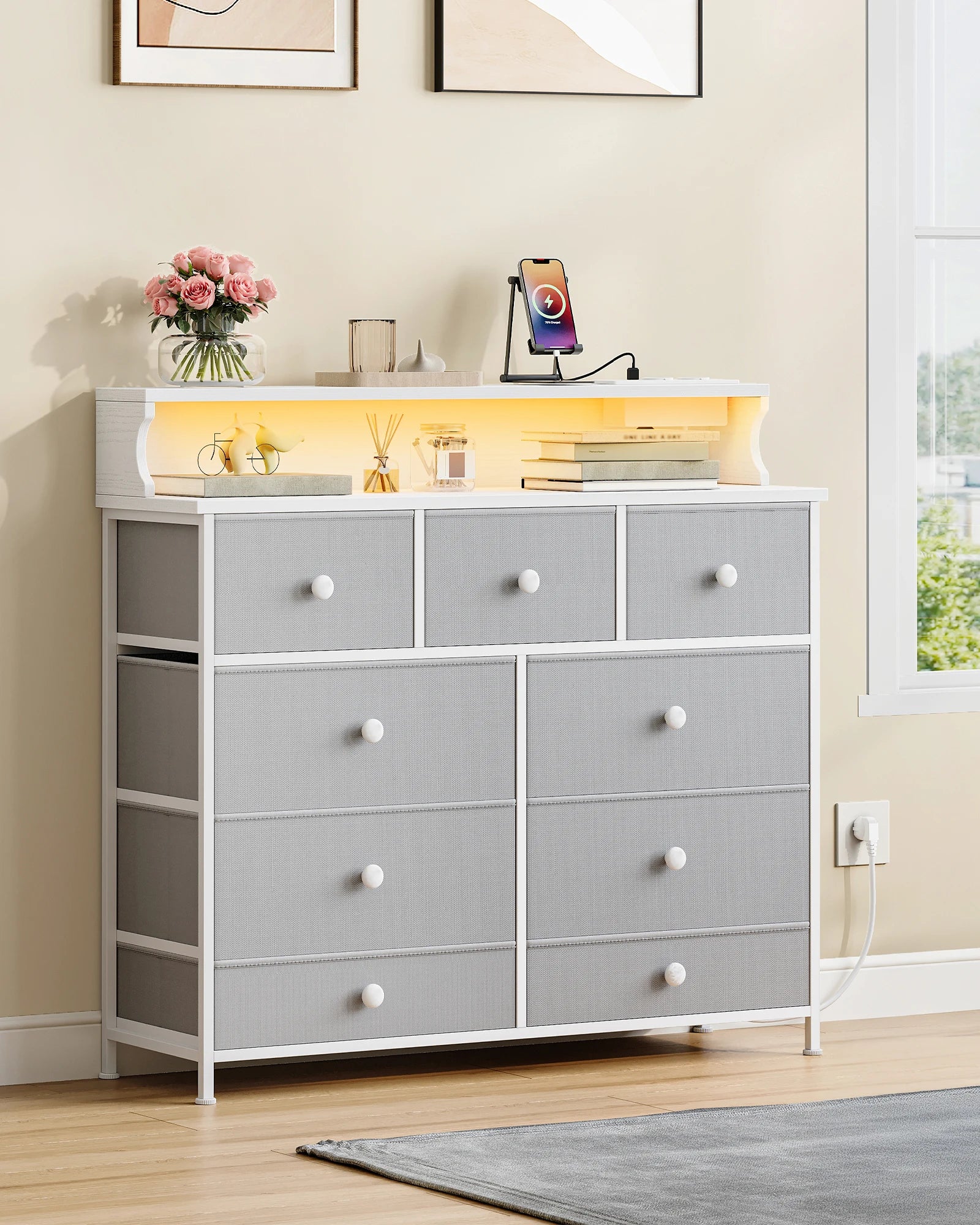 White Chest of Drawers 100 cm,2 USB &amp; 2 AC Ports,Chest of Drawers with 9 Drawers,Versatile Storage Furniture for Living,Bedroom