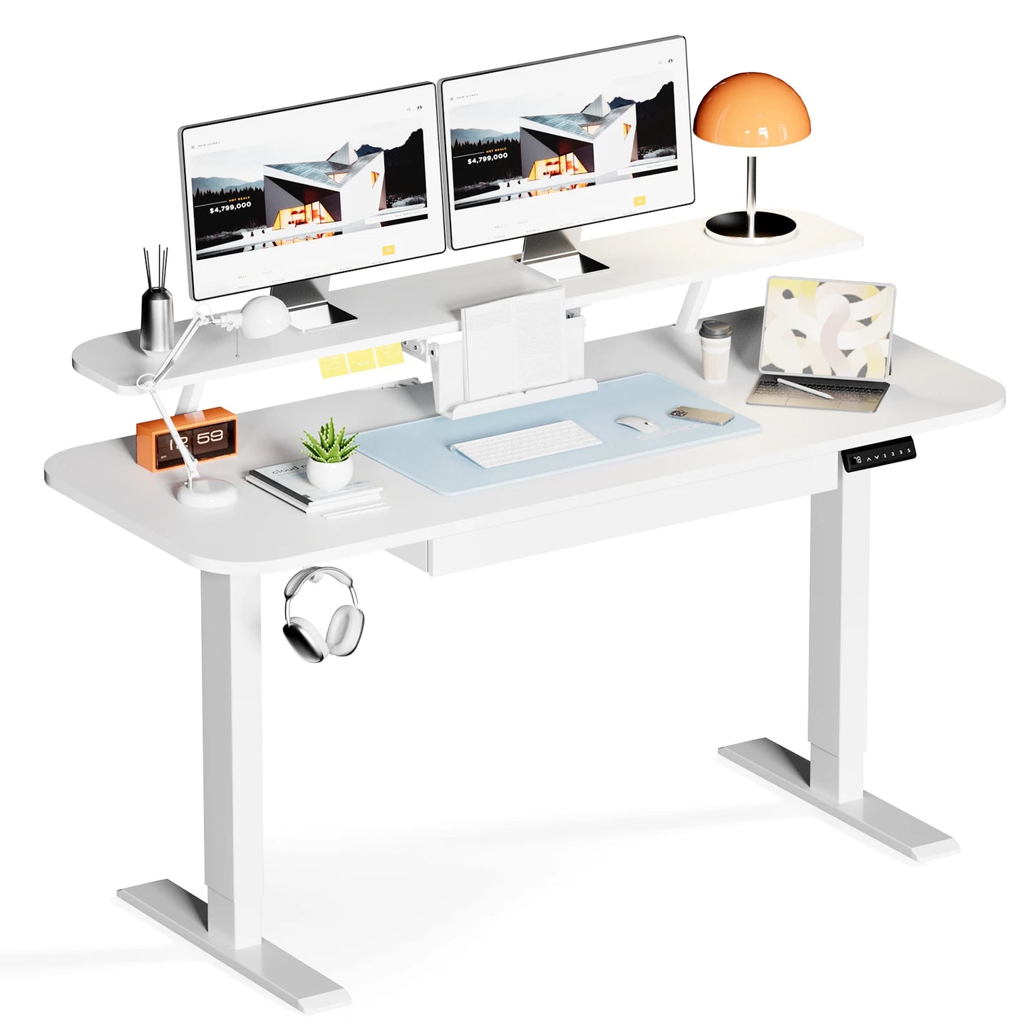 COMHOMA Height Adjustable desk Electric Drawer Monitor stand 3 Height Tablet stand White