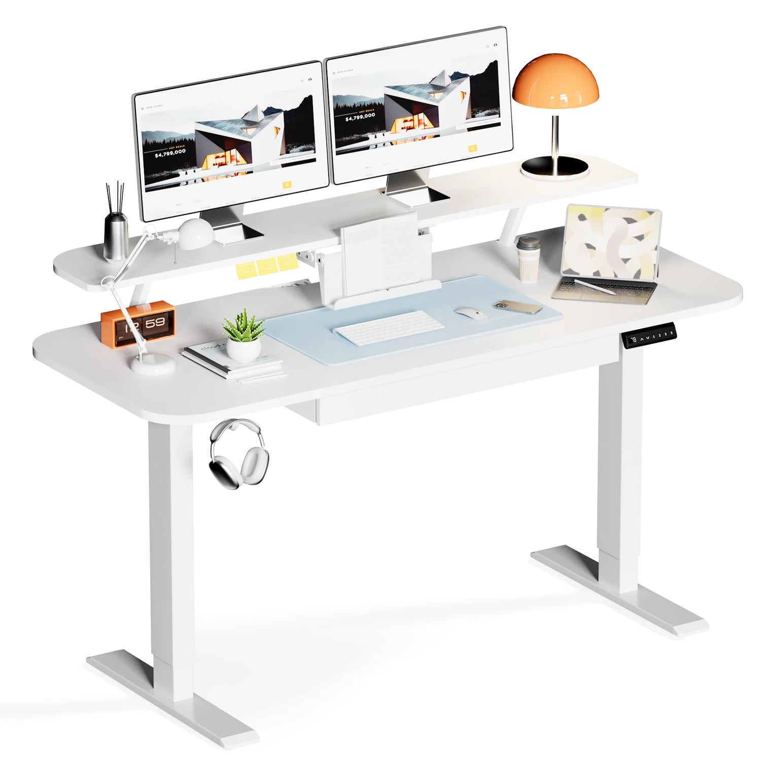 COMHOMA Height Adjustable desk Electric Drawer Monitor stand 3 Height Tablet stand White