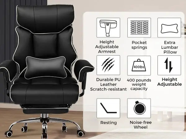 COMHOMA Big and Tall Office Chair 400lbs High Back Leather Executive Chair with Ergonomic Lumbar Support & Pocket Spring Cushion Jonine&
