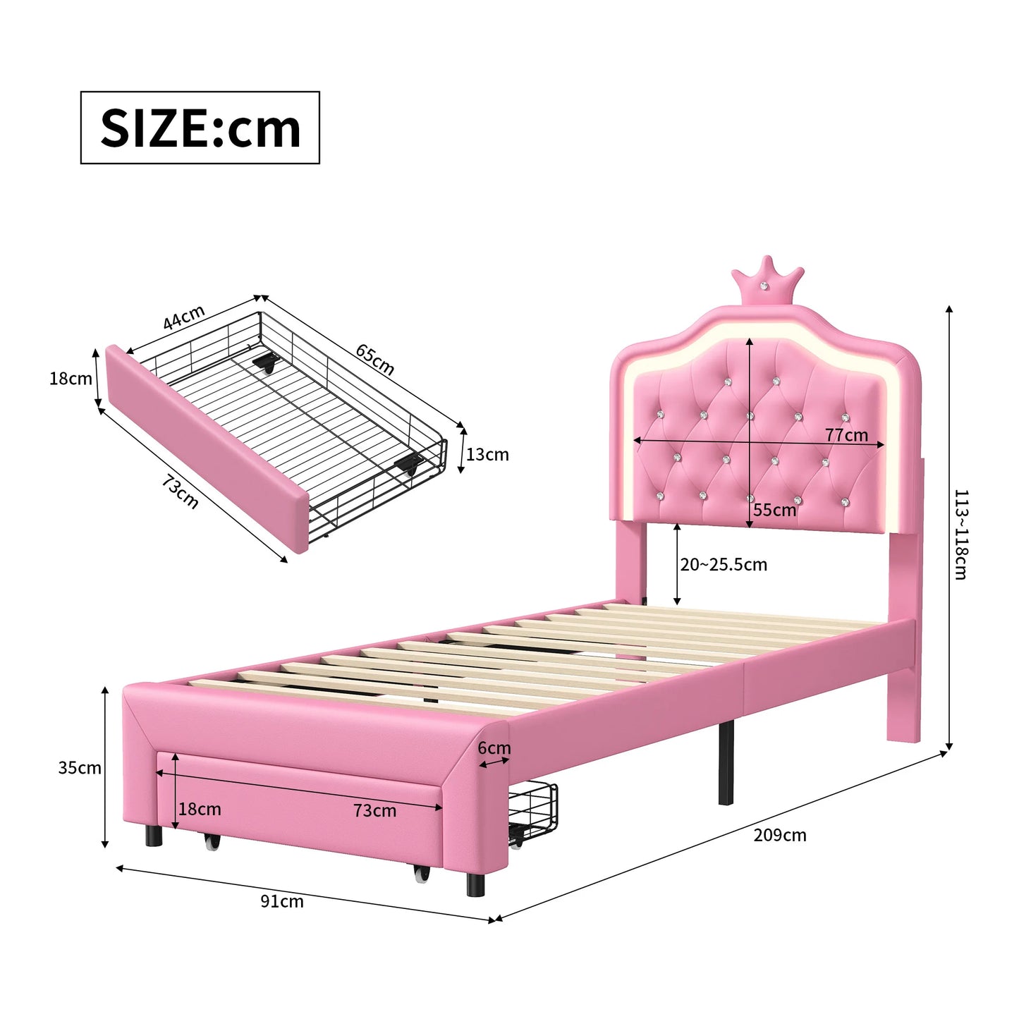 Her Room, Her World — Girls' LED Upholstered Storage Bed with Drawer