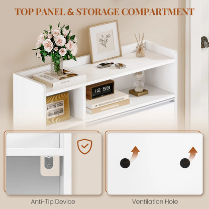 1 White Narrow Shoe Cabinet with 2 Flaps,with 5 Open Compartments,Shoe Rack for 8-12 Pairs of Shoes,for Hallway, Entrance