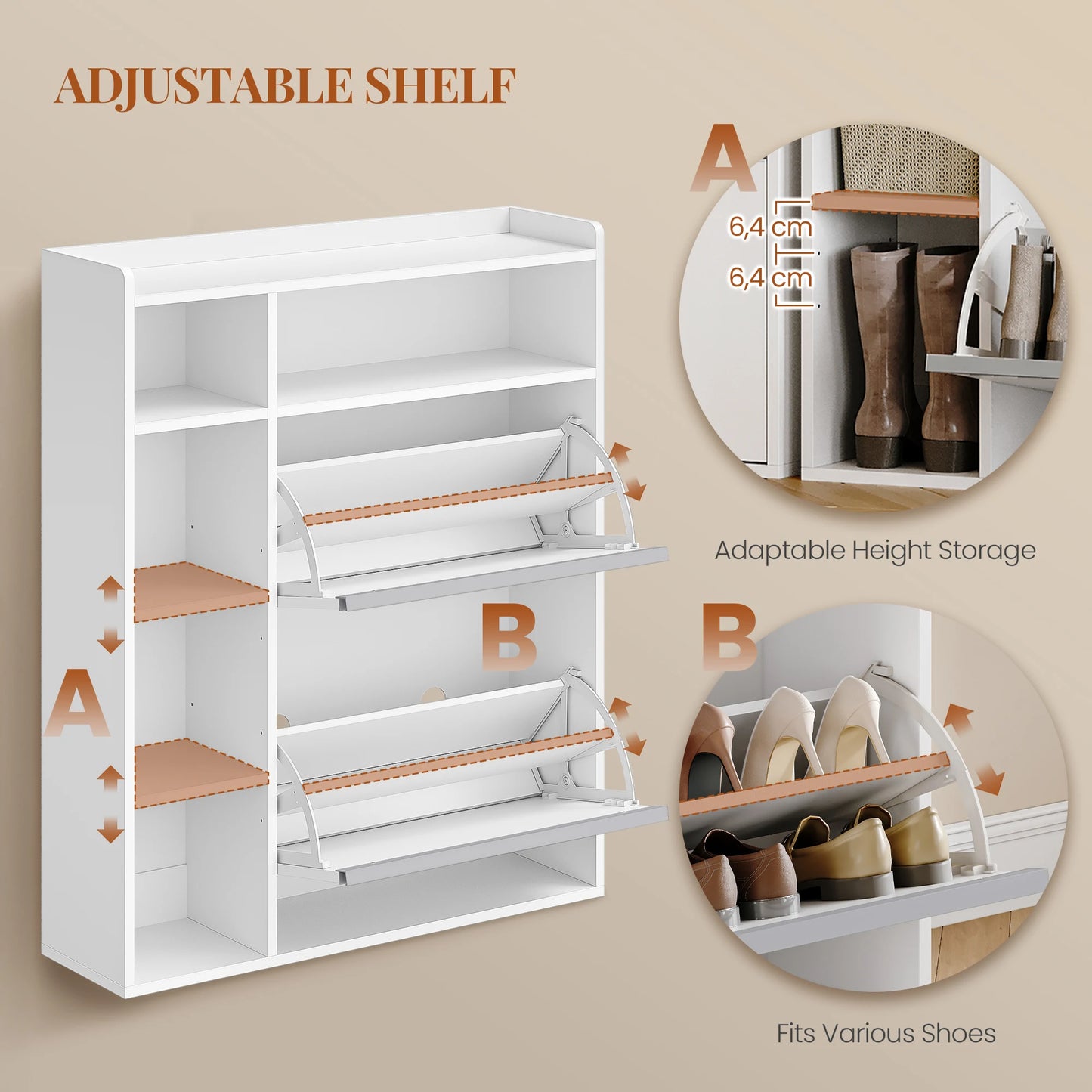 1 White Narrow Shoe Cabinet with 2 Flaps,with 5 Open Compartments,Shoe Rack for 8-12 Pairs of Shoes,for Hallway, Entrance