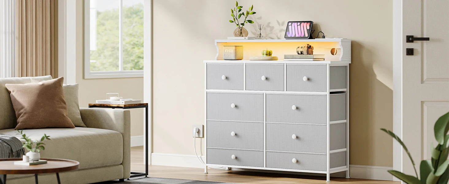 White Chest of Drawers 100 cm,2 USB &amp; 2 AC Ports,Chest of Drawers with 9 Drawers,Versatile Storage Furniture for Living,Bedroom