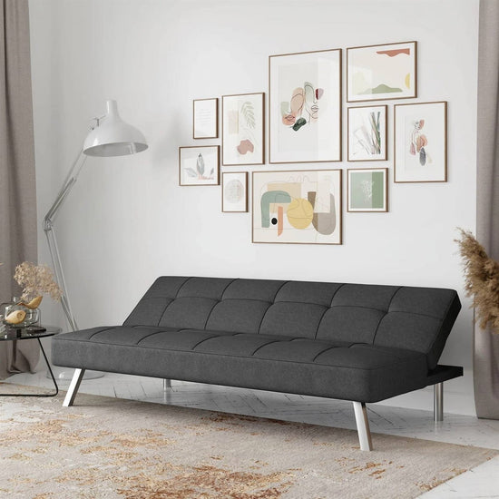 Modern Futon Sofa Bed in Charcoal Grey Fabric with Chrome Metal Legs-0