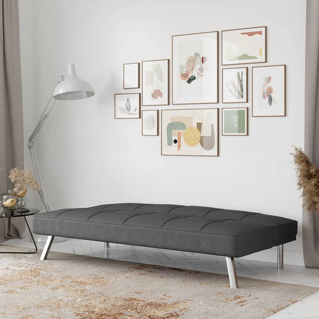Modern Futon Sofa Bed in Charcoal Grey Fabric with Chrome Metal Legs-1