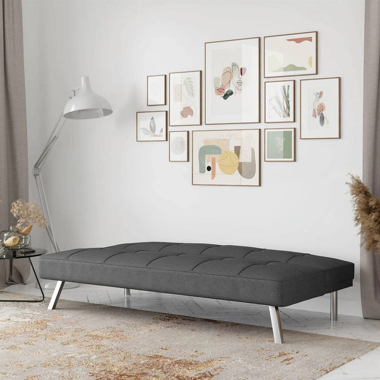Modern Futon Sofa Bed in Charcoal Grey Fabric with Chrome Metal Legs-1