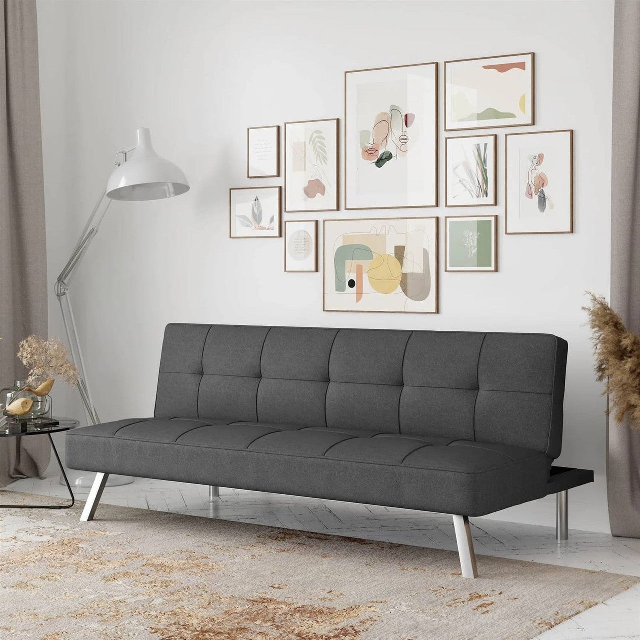 Modern Futon Sofa Bed in Charcoal Grey Fabric with Chrome Metal Legs-2