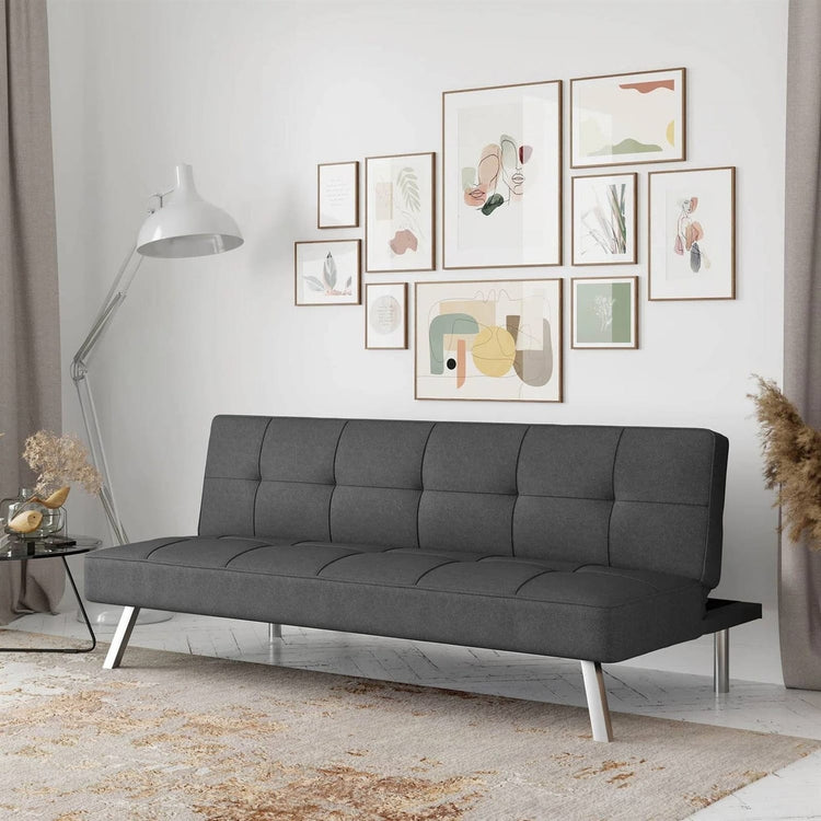 Modern Futon Sofa Bed in Charcoal Grey Fabric with Chrome Metal Legs-2