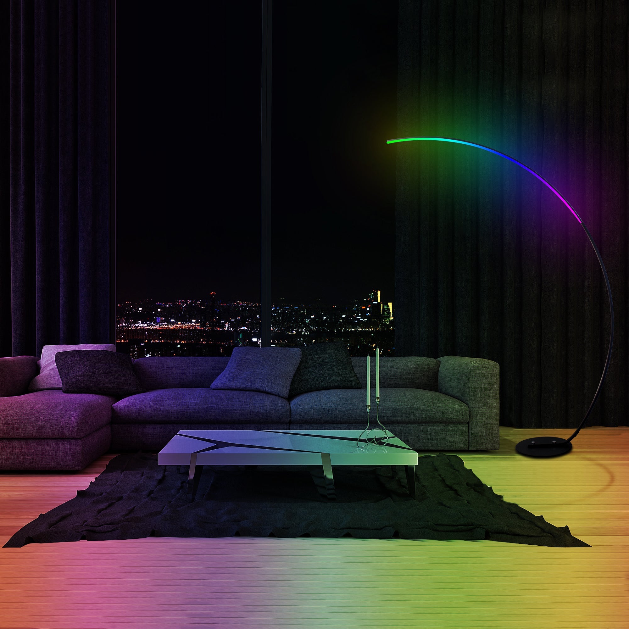 RGBW modern curve floor lamp full view - contemporary LED floor light