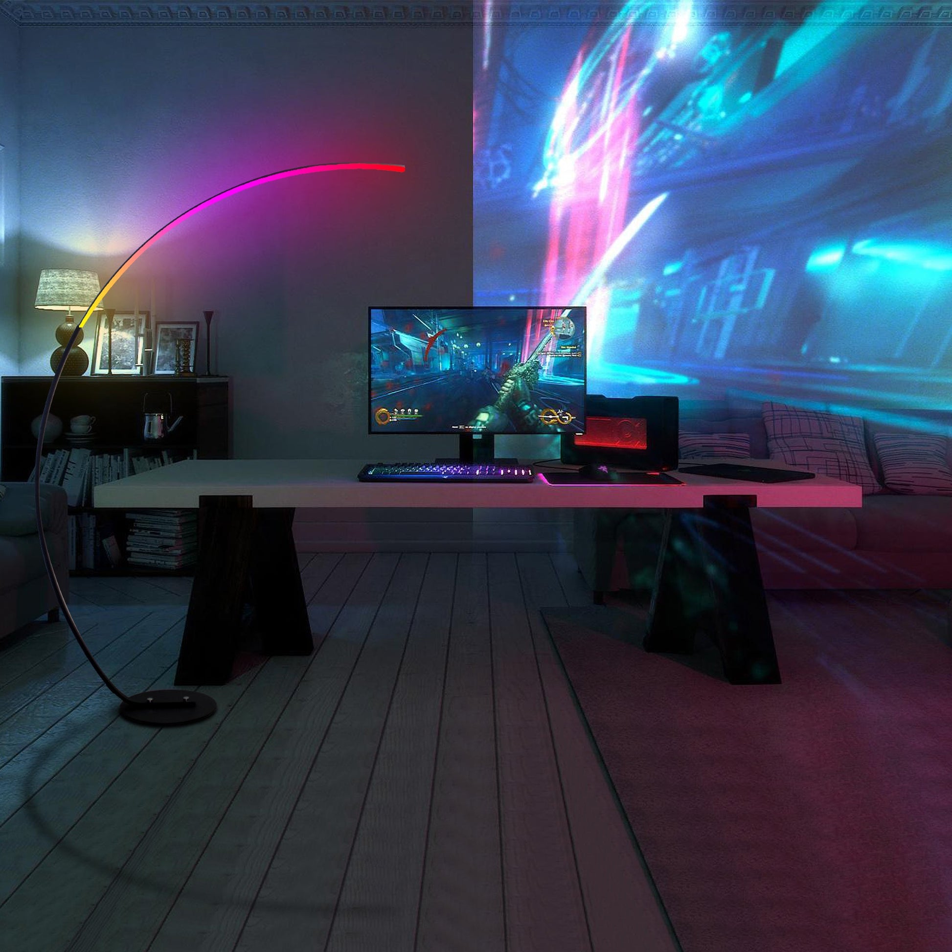 Modern curve floor lamp side view - color changing LED home light