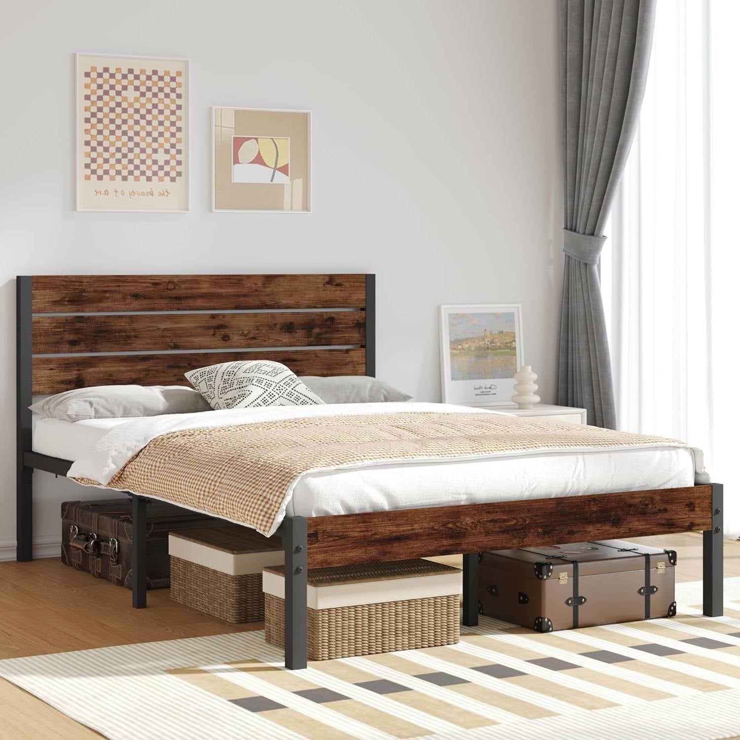 Full size Modern Farmhouse Metal Platform Bed Frame with Brown Wood Headboard FastFurnishings