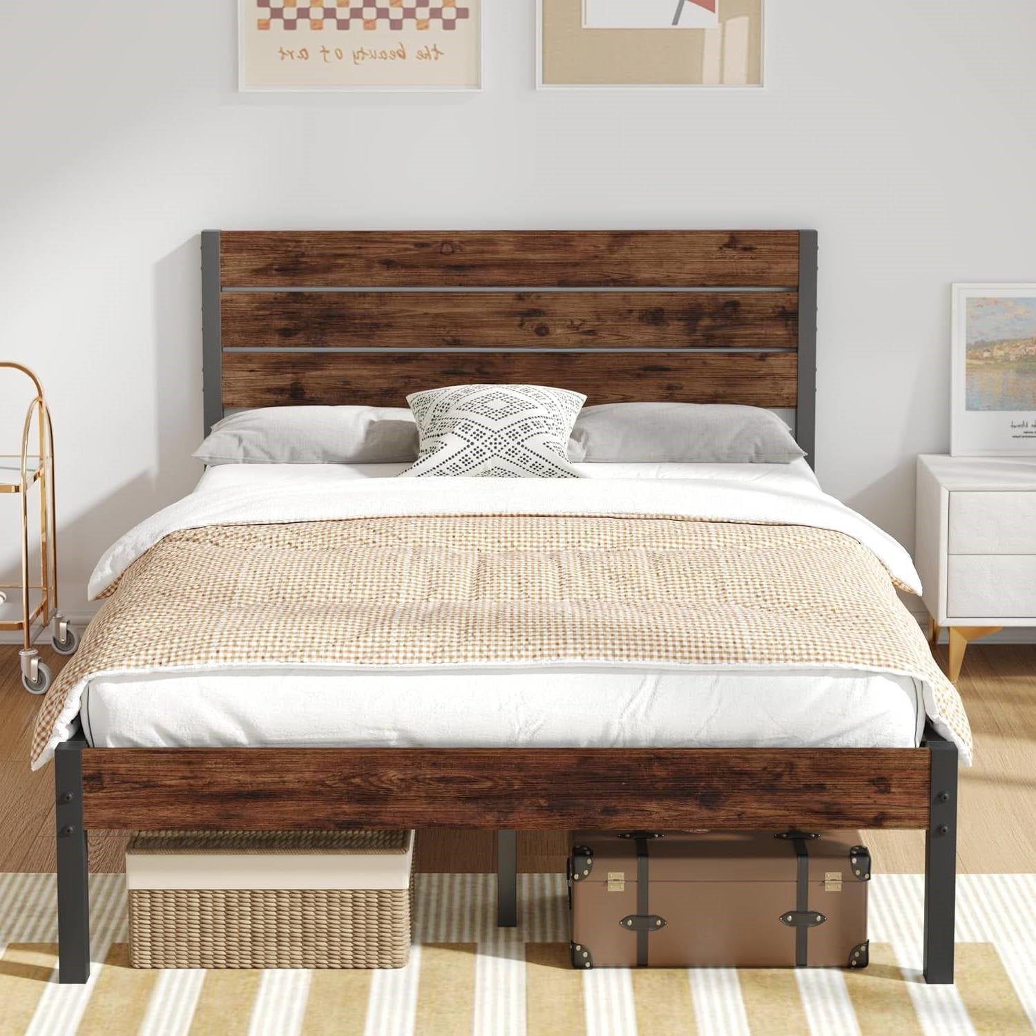 Full size Modern Farmhouse Metal Platform Bed Frame with Brown Wood Headboard FastFurnishings