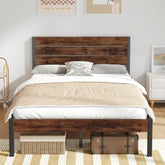 Full size Modern Farmhouse Metal Platform Bed Frame with Brown Wood Headboard FastFurnishings