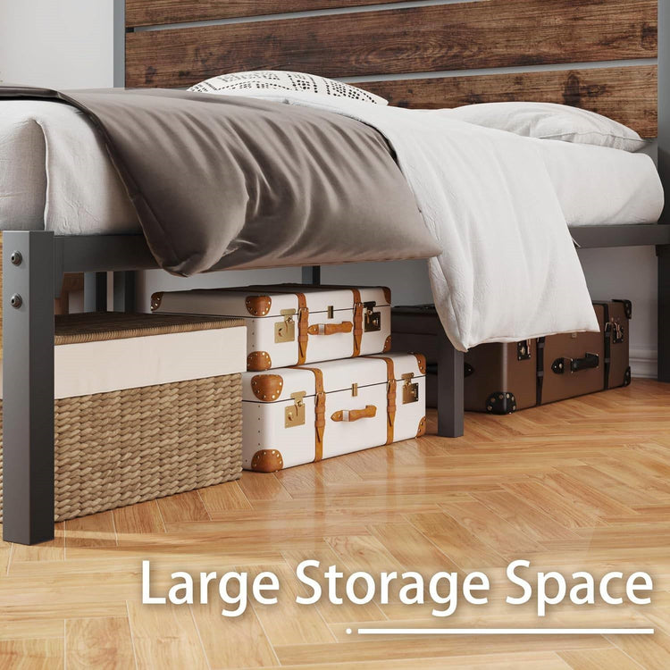 Full size Modern Farmhouse Metal Platform Bed Frame with Brown Wood Headboard FastFurnishings