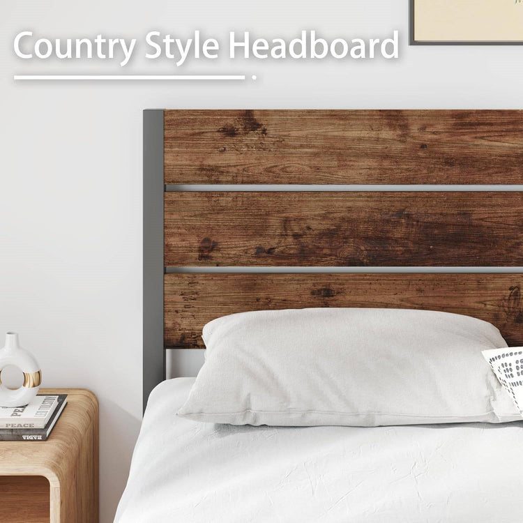 Full size Modern Farmhouse Metal Platform Bed Frame with Brown Wood Headboard FastFurnishings
