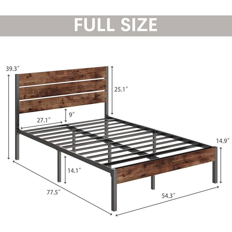 Full size Modern Farmhouse Metal Platform Bed Frame with Brown Wood Headboard FastFurnishings