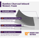 Full size 12-inch Charcoal Infused Memory Foam Mattress with Removable Cover FastFurnishings
