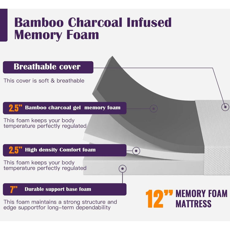 Full size 12-inch Charcoal Infused Memory Foam Mattress with Removable Cover FastFurnishings