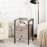 Modern Black Metal Nightstand with Grey Wood Finish Drawers and Shelf FastFurnishings