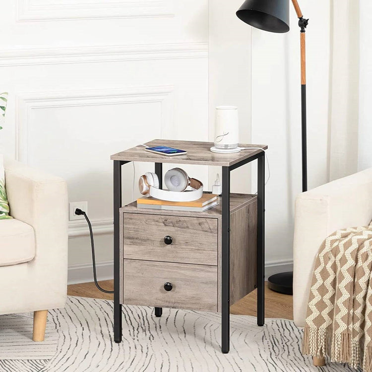 Modern Black Metal Nightstand with Grey Wood Finish Drawers and Shelf FastFurnishings