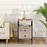 Modern Black Metal Nightstand with Grey Wood Finish Drawers and Shelf FastFurnishings