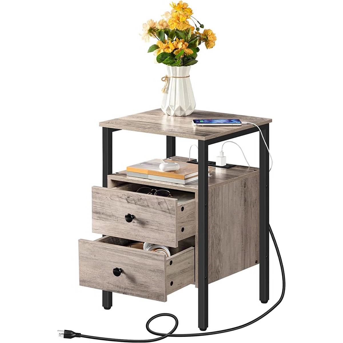 Modern Black Metal Nightstand with Grey Wood Finish Drawers and Shelf FastFurnishings