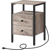 Modern Black Metal Nightstand with Grey Wood Finish Drawers and Shelf FastFurnishings