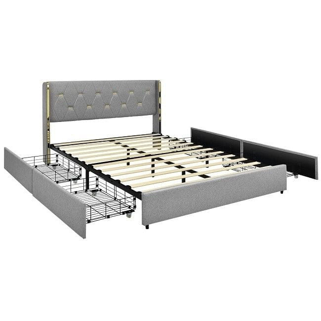 Grey &amp; Gold Linen Platform Bed with 4 Drawer Storage — Full Size