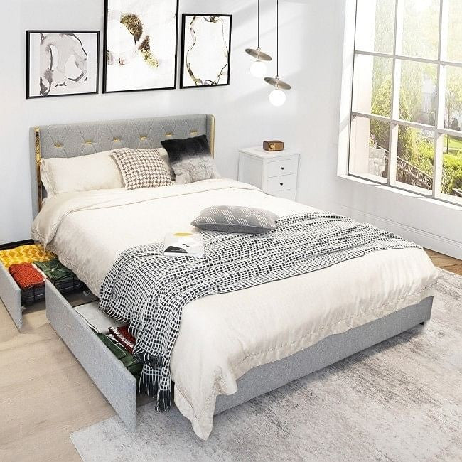 Grey &amp; Gold Linen Platform Bed with 4 Drawer Storage — Full Size
