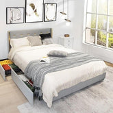 Full Size Grey/Gold Linen Headboard 4 Drawer Storage Platform Bed-1
