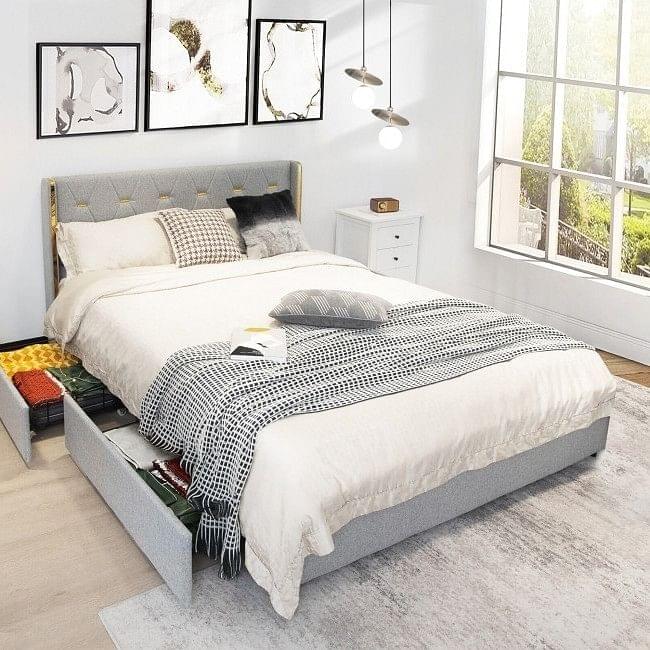 Full Size Grey/Gold Linen Headboard 4 Drawer Storage Platform Bed-1