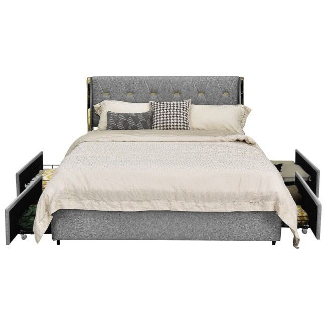 Grey &amp; Gold Linen Platform Bed with 4 Drawer Storage — Full Size