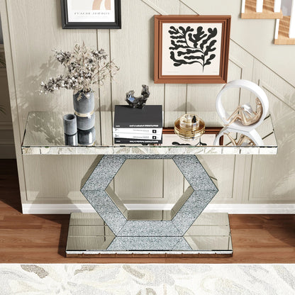 Hexagon Mirror Console Table — Diamond Glass, Dual-Tier, Hollywood Glam Foyer Decor