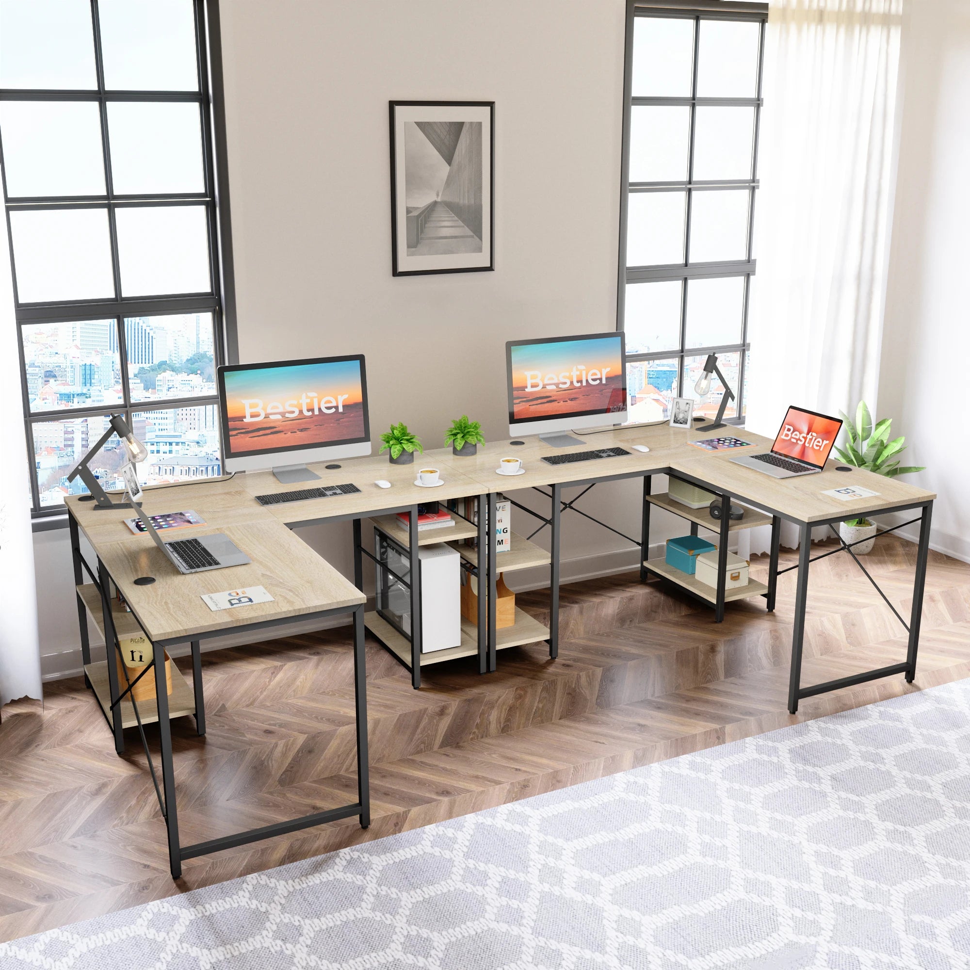 Bestier L-Shaped Executive Desk with Storage Cabinet