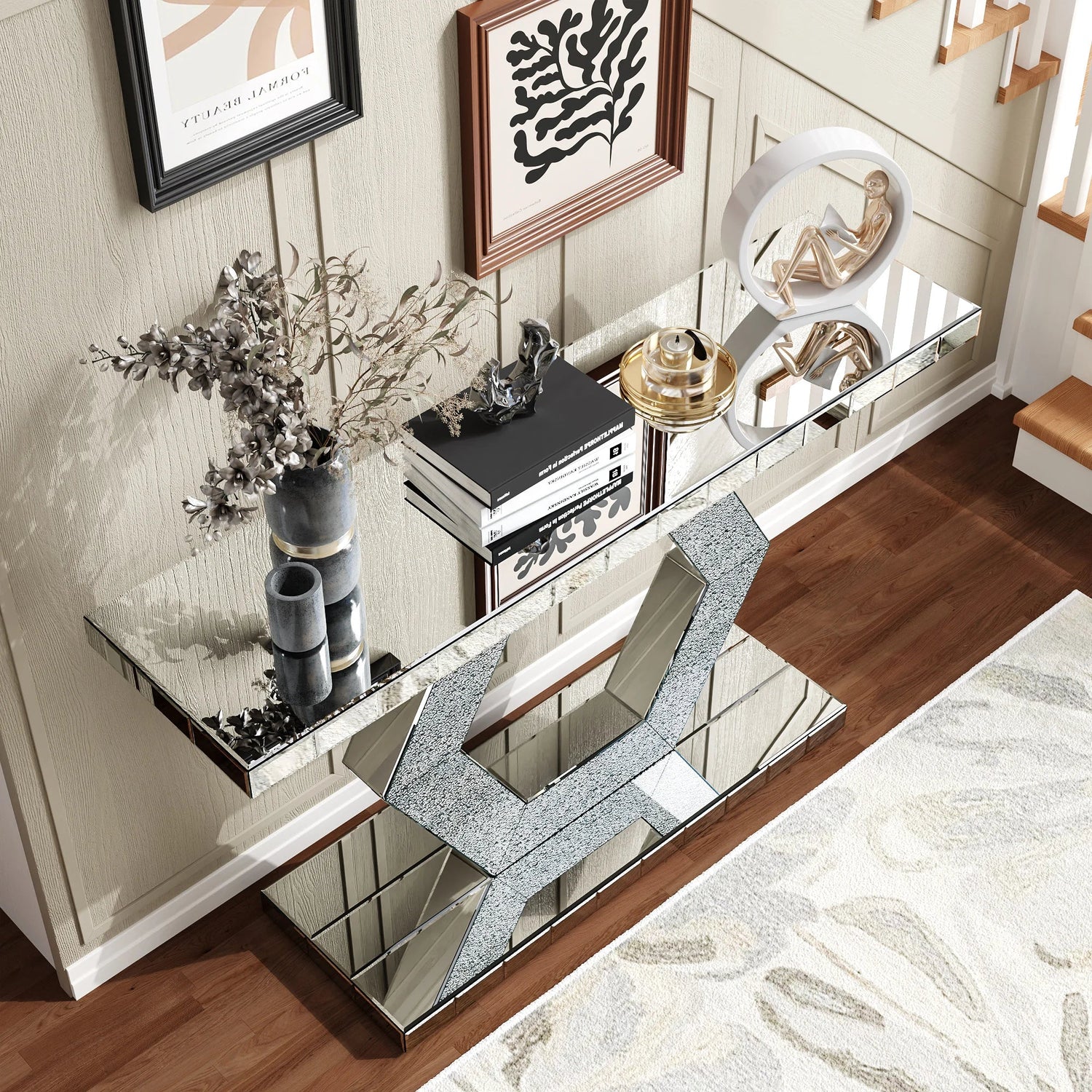 Hexagon Mirror Entryway Console Table With Diamond Glass Effects Dual Tier Luxury Foyer Decor
