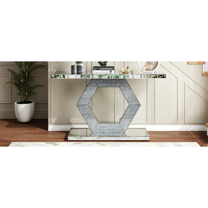 Hexagon Mirror Console Table — Diamond Glass, Dual-Tier, Hollywood Glam Foyer Decor
