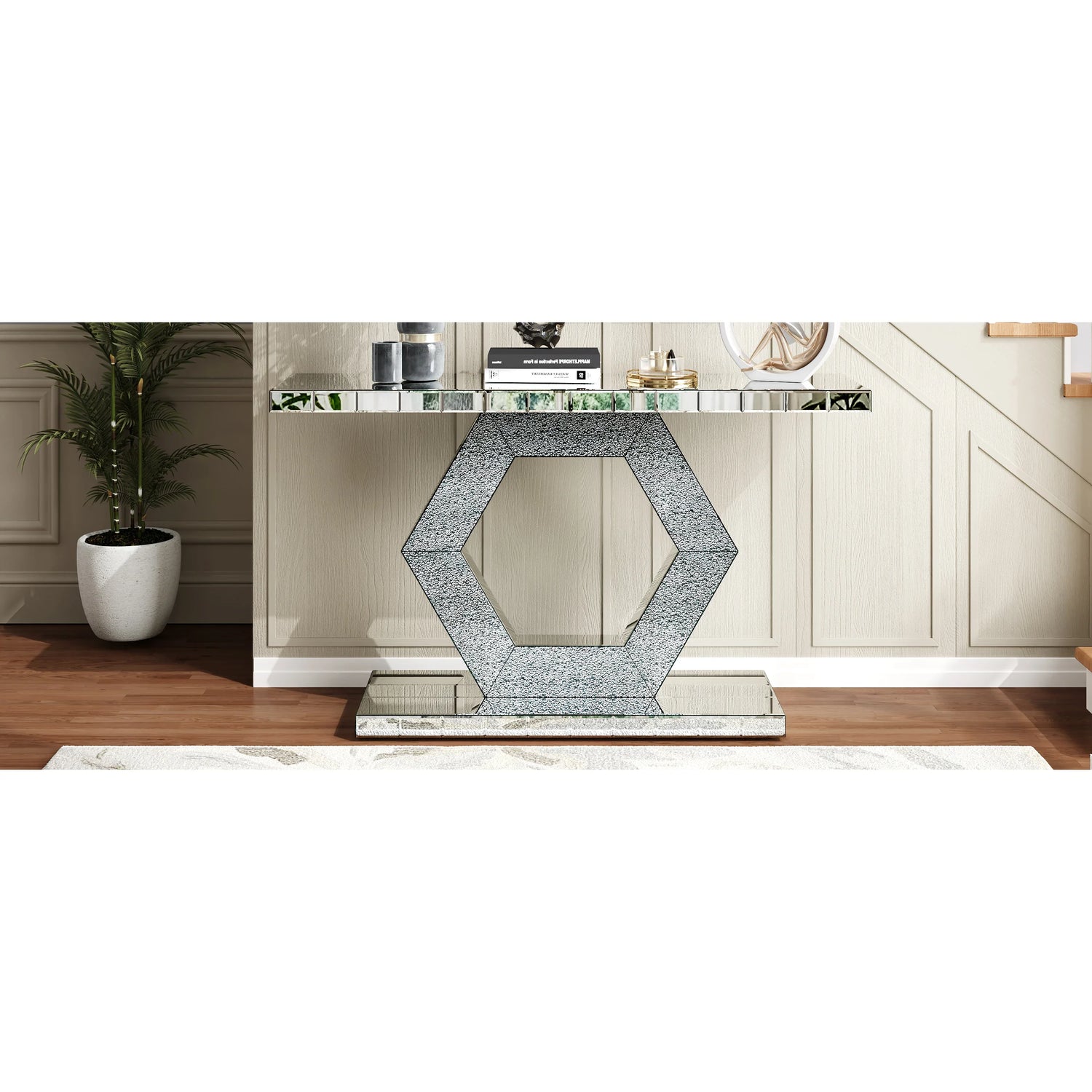 Hexagon Mirror Console Table — Diamond Glass, Dual-Tier, Hollywood Glam Foyer Decor