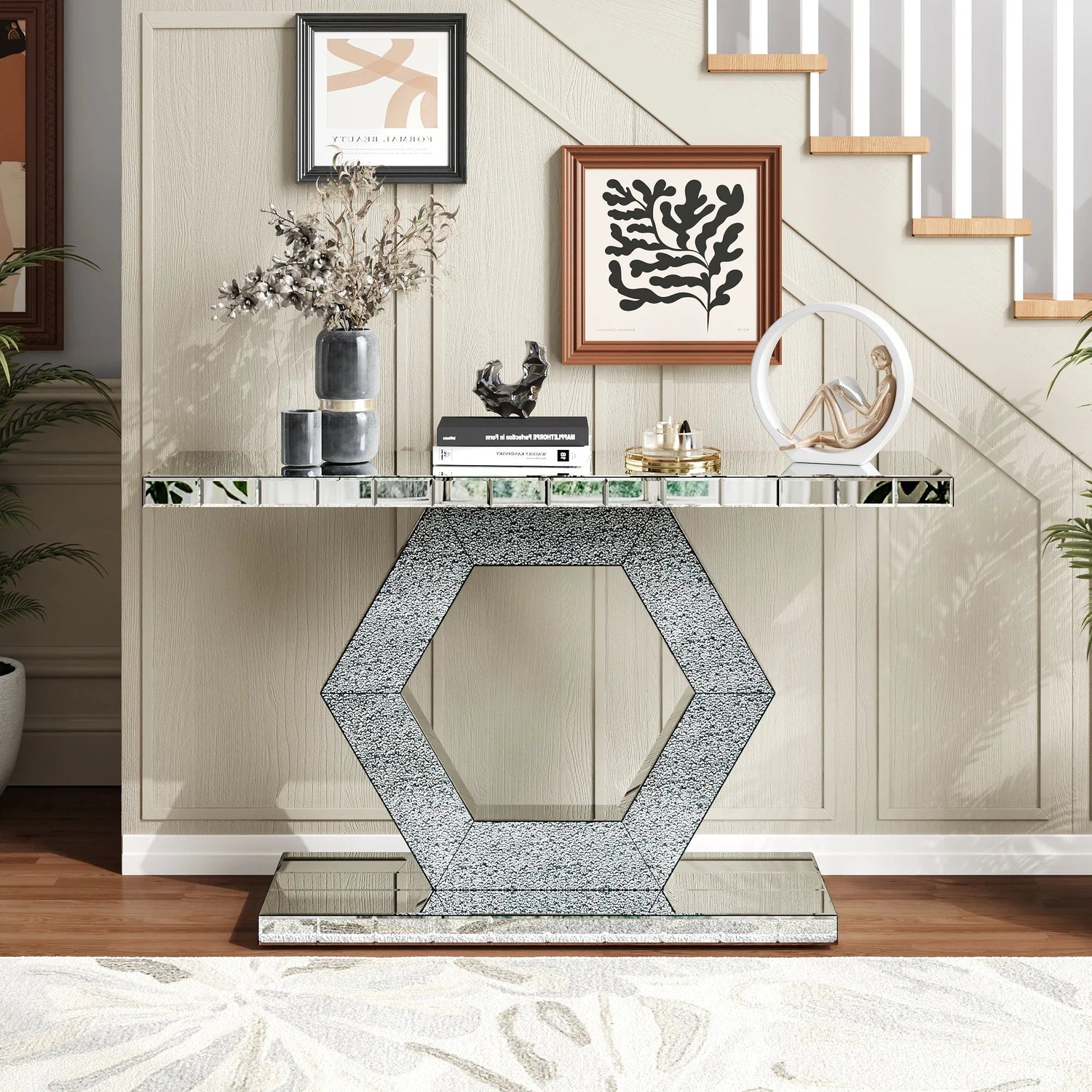 Hexagon Mirror Console Table — Diamond Glass, Dual-Tier, Hollywood Glam Foyer Decor