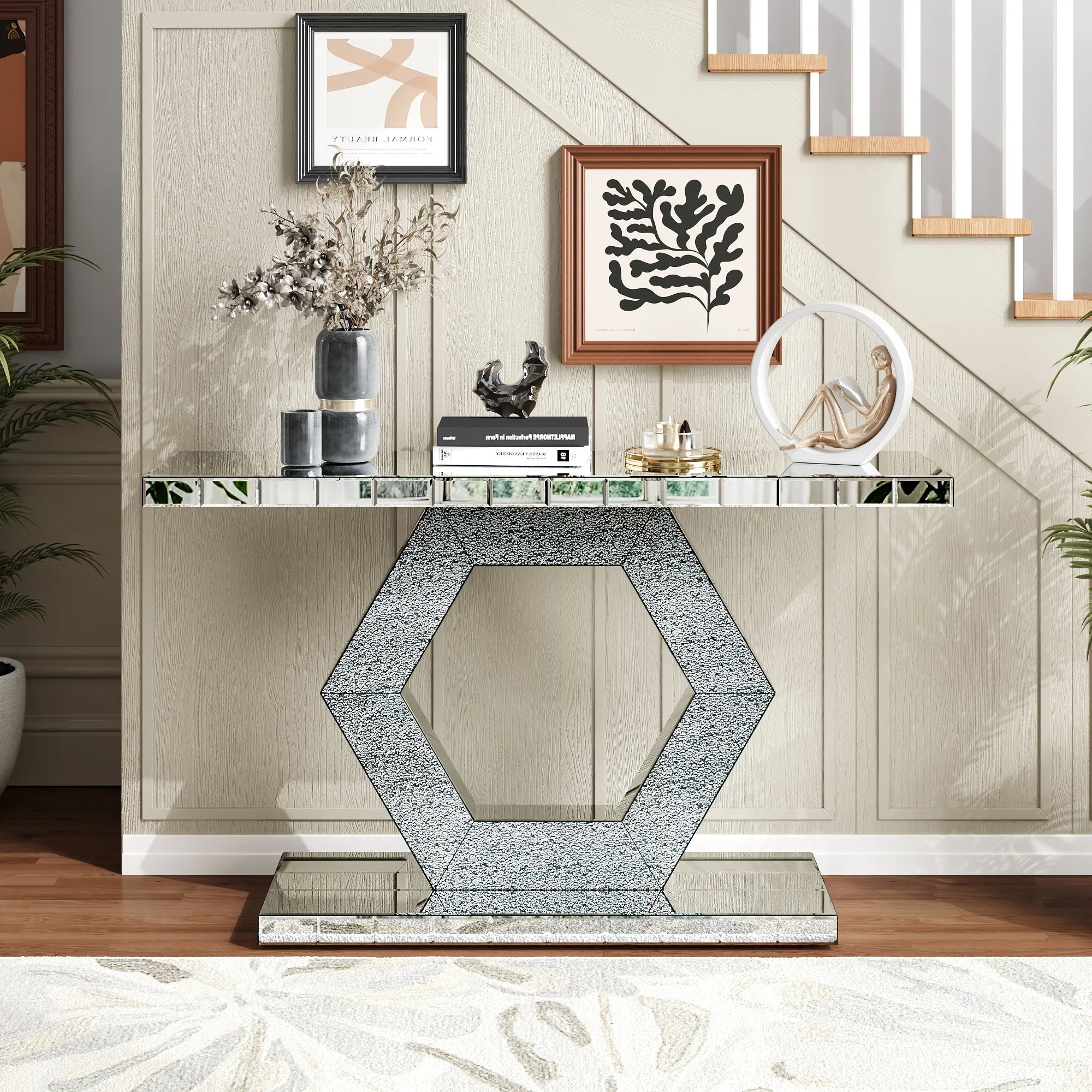 Hexagon Mirror Console Table — Diamond Glass, Dual-Tier, Hollywood Glam Foyer Decor